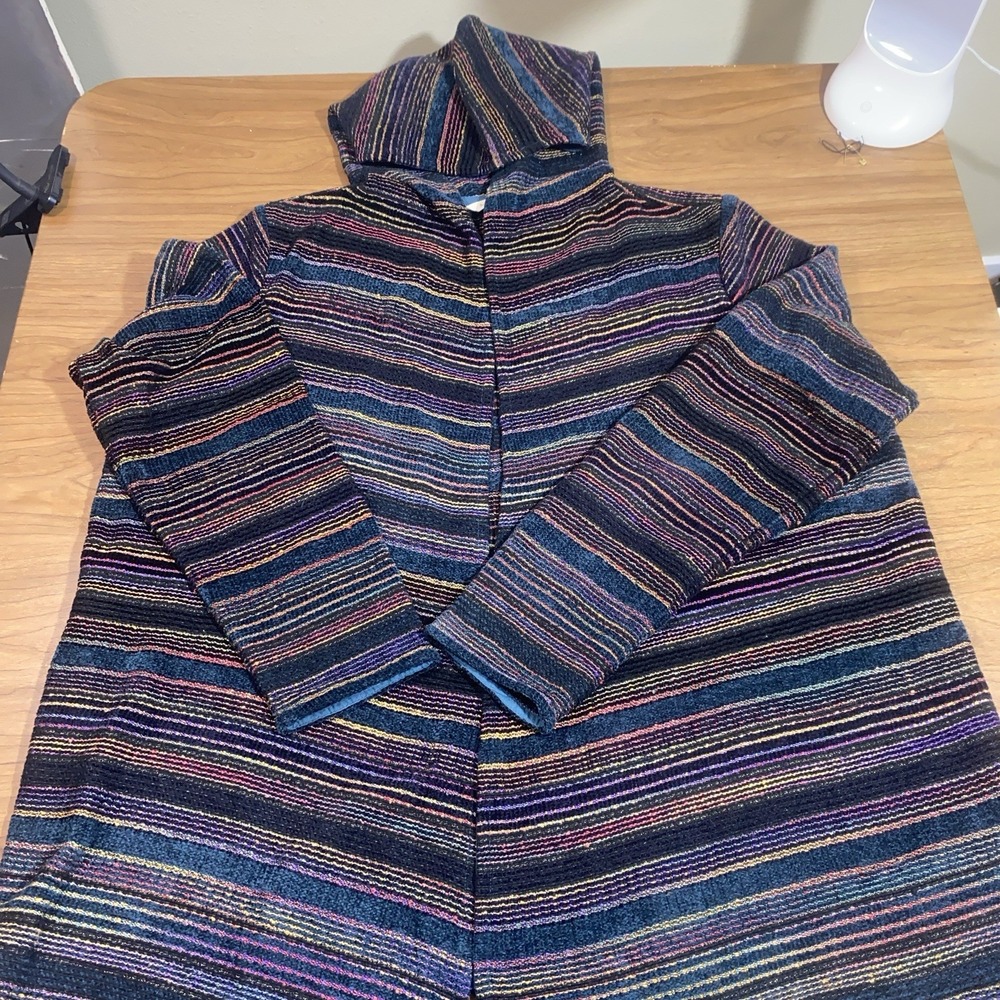 Soft Surroundings Women's Striped North Cabin Hood Open Front Cardigan Size L